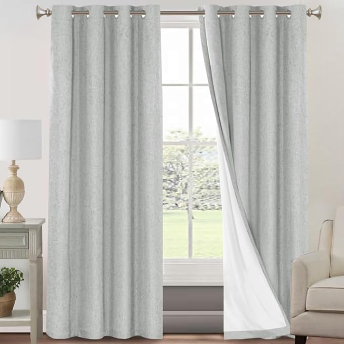 PrinceDeco Linen Texture Curtains Full Blackout Curtains 120 inch Long 2 Panels Set Anti-Rust Grommet Grey Linen Curtains Vertical Drapes Privacy for Bedroom Living Room，52 X 120 Inch, Glacier Grey