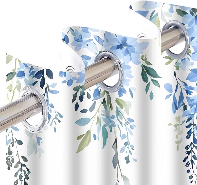 Blue Watercolor Floral Curtains, 52x63 inch, 2 Panels | Botanical Leaves Vine Flowers, Rustic Farmhouse Style, Blackout Window Treatment, For Bedroom Living Room