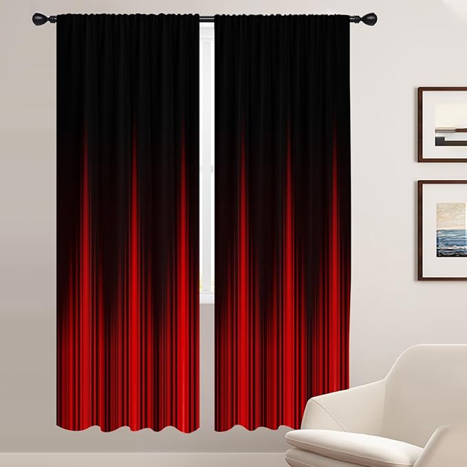 Coxila Red Black Window Curtains for Bedroom 42 x 84 Inch Rod Pocket Long Ombre Burgundy Stripe Boho Pattern Simple Gradient Design Living Room Treatment Set of 2 Curtain Panels Drapes Drapes