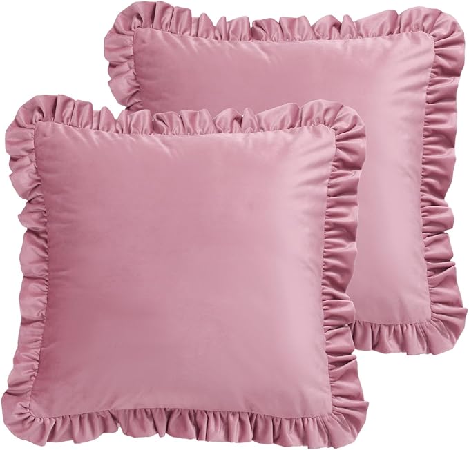 ISAENNE Vintage Dark Peach Square Throw Pillow Covers 22"x22" Set of 2, Solid Color Farmhouse Velvet Decoration Pillow Cover with Ruffles,Throw Pillow Case for Couch Sofa Bed Living Room Car