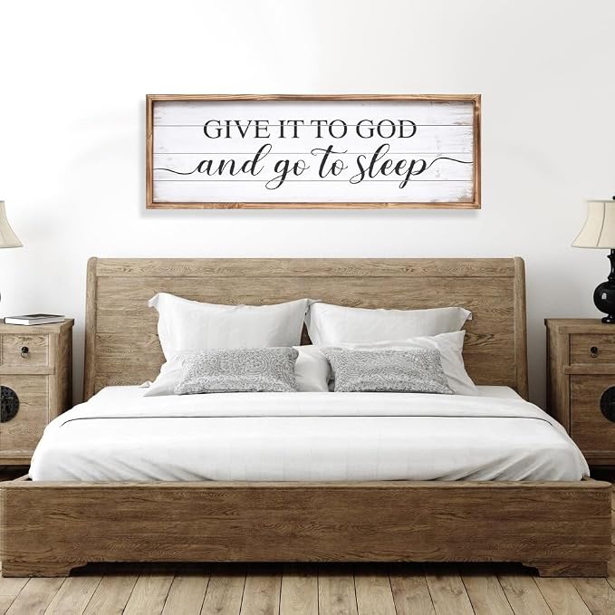 Give It to God and Go to Sleep Sign 42''×15'' Large Above Bed Wall Decor Farmhouse Bedroom Decor Wood Guest Room Decor Framed Wall Art Rustic Master Bedroom Wall Decoration