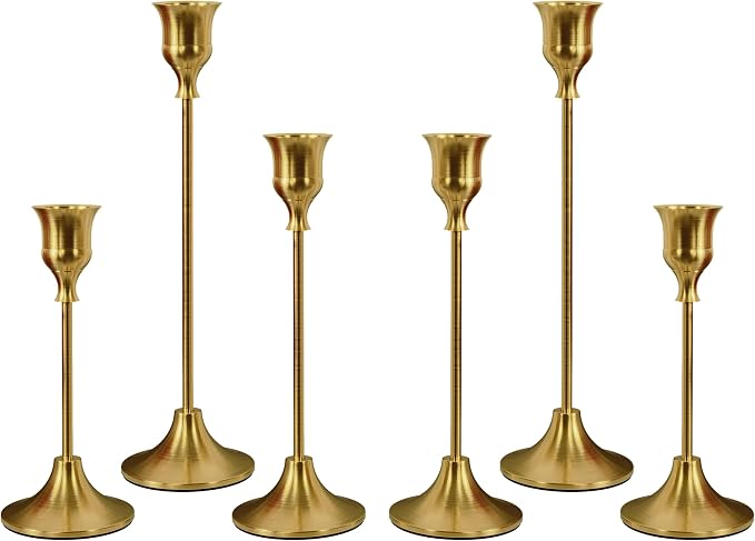 NLBTW Set of 6 Brass Gold Candle Holders for Taper, Vintage Candlestick Holder Decorative Metal Candle Sticks Home Decor Centerpieces for Table Mantel Festive Decorations