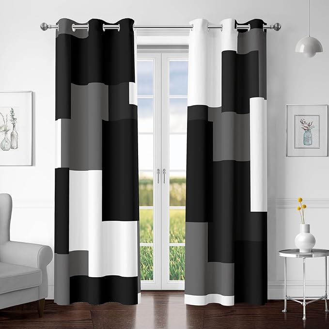 Tyrot Black Grey 100% Blackout Curtains for Bedroom 96 inch Length 2 Panels Set White Grey Modern Abstract Geometric Black Out Curtains Insulated Room Darkening Window Drapes for Living Room, 42Wx96L