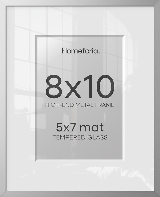 Homeforia Silver Picture Frame 8x10, High End Metal 8 x 10 Photo Frames with Mat 5 by 7 Art, 10x8 Thin Frame Matted to 5x7 inch Print, 10by8 Wall or Tabletop Frames, Tempered Glass, Wall Kit, Set of 2