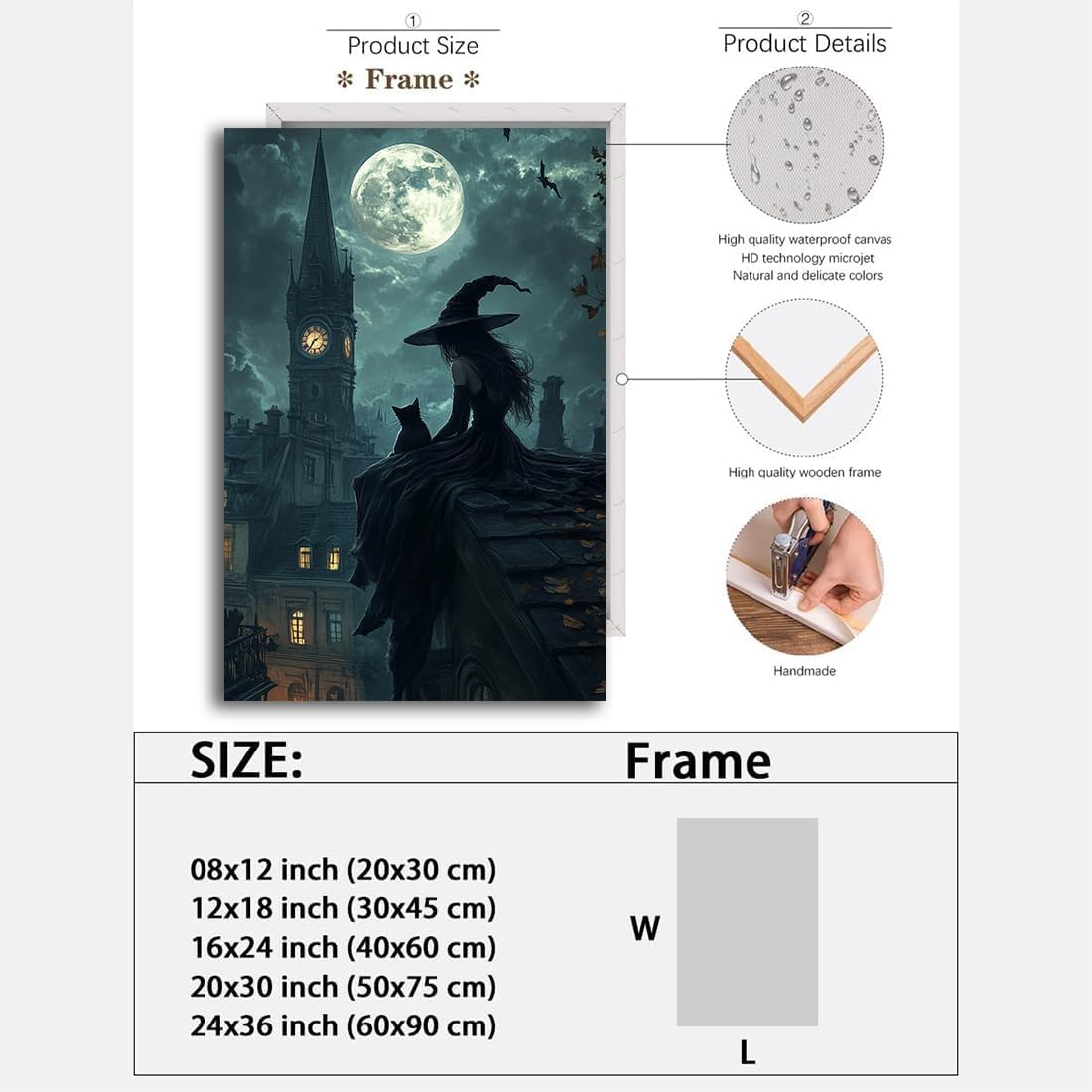 Halloween Witch Black Cat Wall Art,Magical Moon Witch on Roof with Black Cat at Night Scene Painting Haunting Dark Witches Canvas Print for Haunted House Party Decor Poster,12"x18" Framed