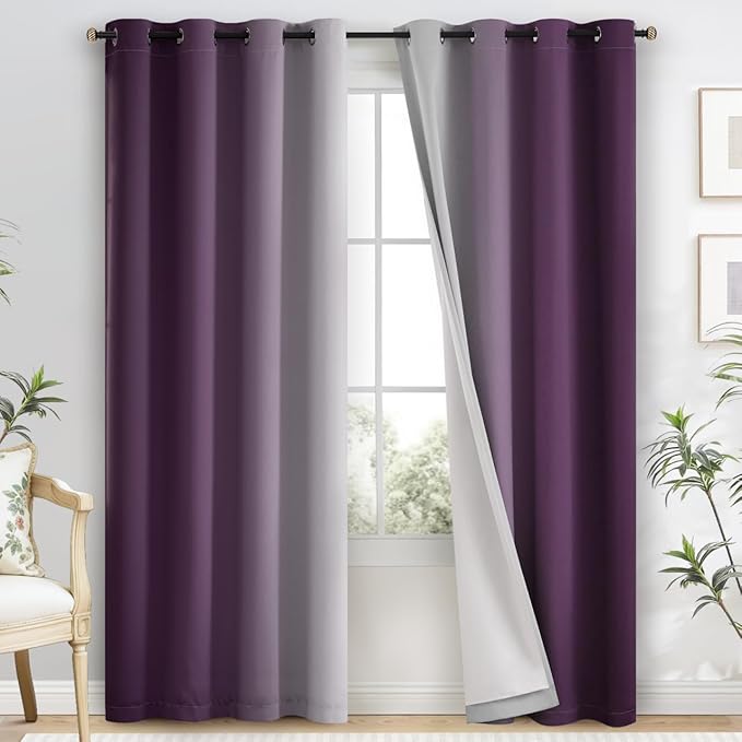 Yakamok 100% Blackout Curtains Ombre Purple Curtains for Bedroom 84 Inch | 2 Layers,Room Darkening Grommet Gradient Drapes,Light Blocking Thermal Insulated Window Curtains for Living Room 52W x 84 L