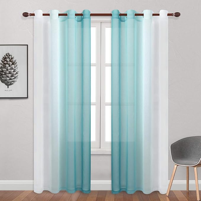 DWCN Teal Ombre Sheer Curtains Faux Linen Gradient Semi Voile Grommet Top Bedroom and Living Room Curtains, Set of 2 Window Curtain Panels, 52 x 84 Inches Long