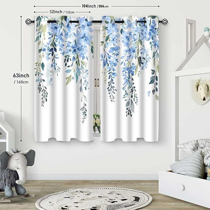 Blue Watercolor Floral Curtains, 52x63 inch, 2 Panels | Botanical Leaves Vine Flowers, Rustic Farmhouse Style, Blackout Window Treatment, For Bedroom Living Room