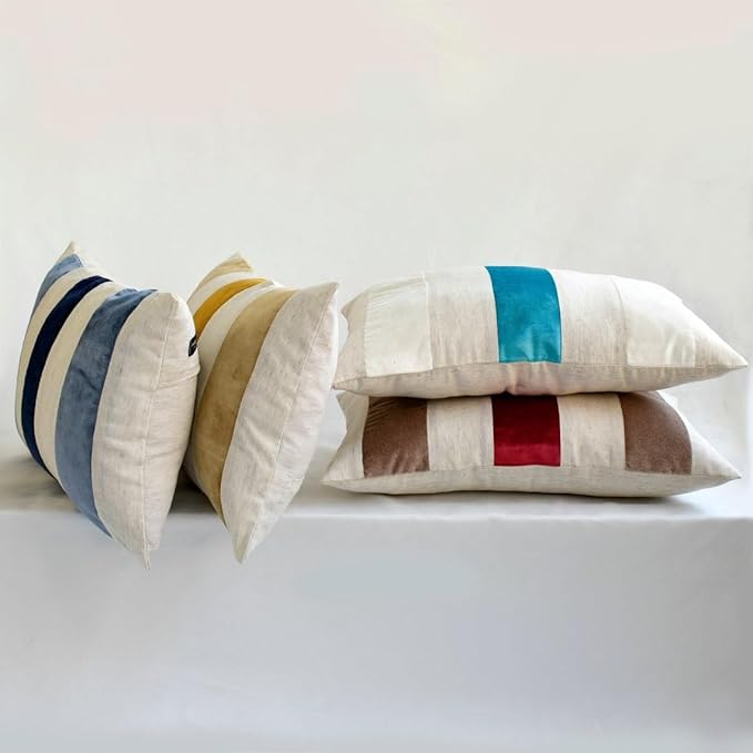 The HomeCentric Decorative Pillows Cover Brown Pack of 2, 26"x26" (65x65 cm) Velvet Striped and Linen Outdoor Furniture Euro Pillow Shams, Patchwork Modern Cushion Cover Style - Velvet Band Earthy