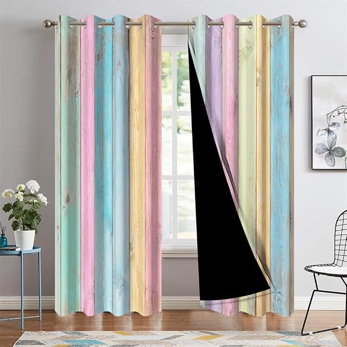 Colorful Wooden Planks Kitchen Curtains Vintage Farm Style Rustic Wood Barn Door Window Curtains Wood Boards Room Darkening Window Drapes for Living Room Bedroom Decor,26x36 inch,2 Panels