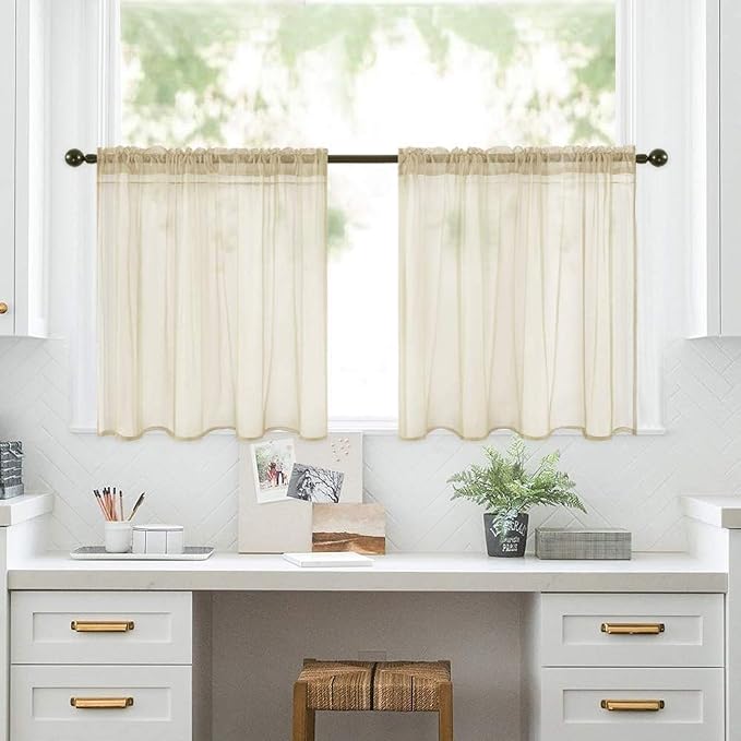 MIULEE 2 Panels Kitchen Tiers Half Window Sheer Curtains Rod Pocket Translucent Voile Drapes for Kitchen Bathroom Small Windows 29 by 24 Inch Beige