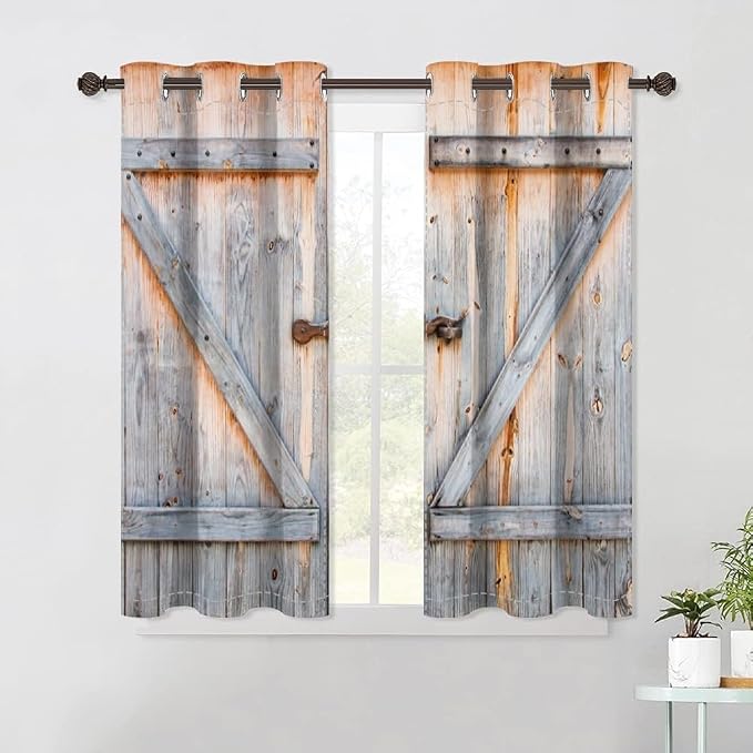 Closed Wooden Door Window Curtains Rustic Vintage Barn Door Kitchen Curtains Countryside Farmhouse Old Wood Planks Light Blocking Bedroom Drapery Treatments with Grommets,21x63 inch,2 Panels