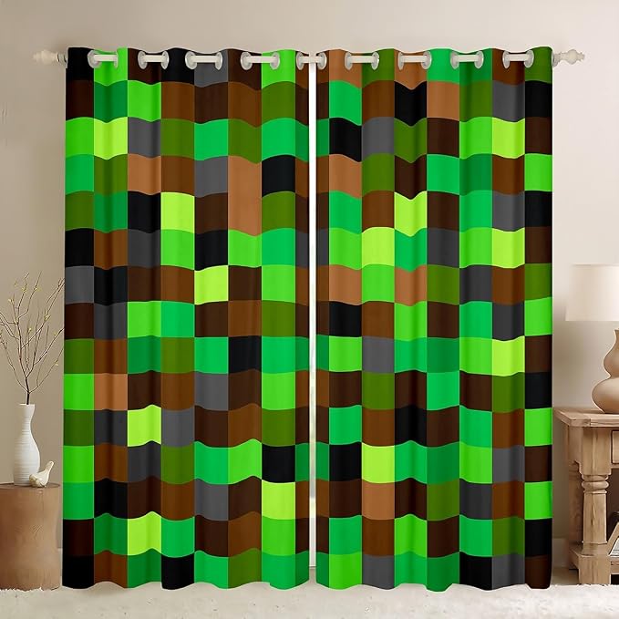Castle Fairy Green Brown Blocks Window Curtain,Pixelated Grid Blackout Window Treatment,Kids Girls Teens Miners Gaming Bedroom Curtains Build Sandbox Theme Living Room Decor Top 2 Panels,38Wx54L
