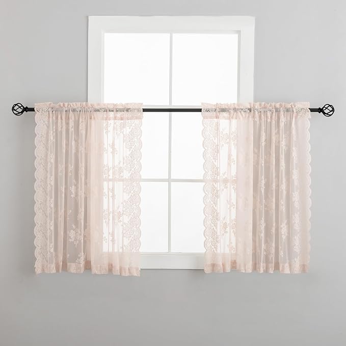 Blush Pink Lace Curtains 45 Inch Length, 2 Panels, W42 x L45 Inch Each, Country Rustic Floral Coquette Sheer Lace Curtains for Kitchen Window Rod Pocket Light Filtering Privacy Short Lacy Tier Curtain