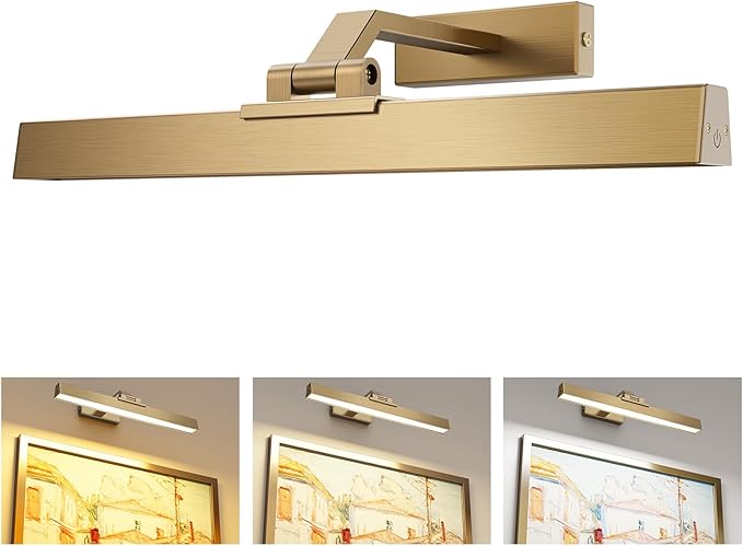 Afyuol Picture Lights for Wall, Brass Battery Operated Picture Light 16in Art Light CCT Dimmable Recharging Battery Wall Light with Remote Control for Living Room Gallery