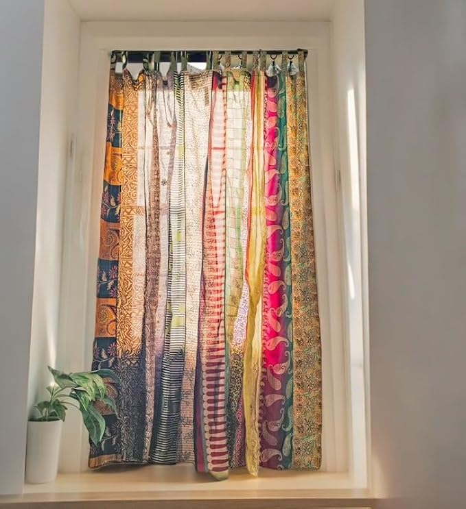 Rajbhoomi Assorted Sari Colorful Curtains Light-Filtering – Boho Curtains, Bed Canopy Panel, Tapestry or Window Treatment Multi Color (84 X 43 Inches)