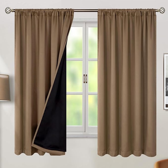 BGment 100% Room Darkening Thermal Insulated Blackout Curtains 63 Inches Long with Liner, Rod Pocket and Back Tab Double Layer Noise Cancelling Curtains for Bedroom (52 x 63 Inch, 2 Panels, Taupe)