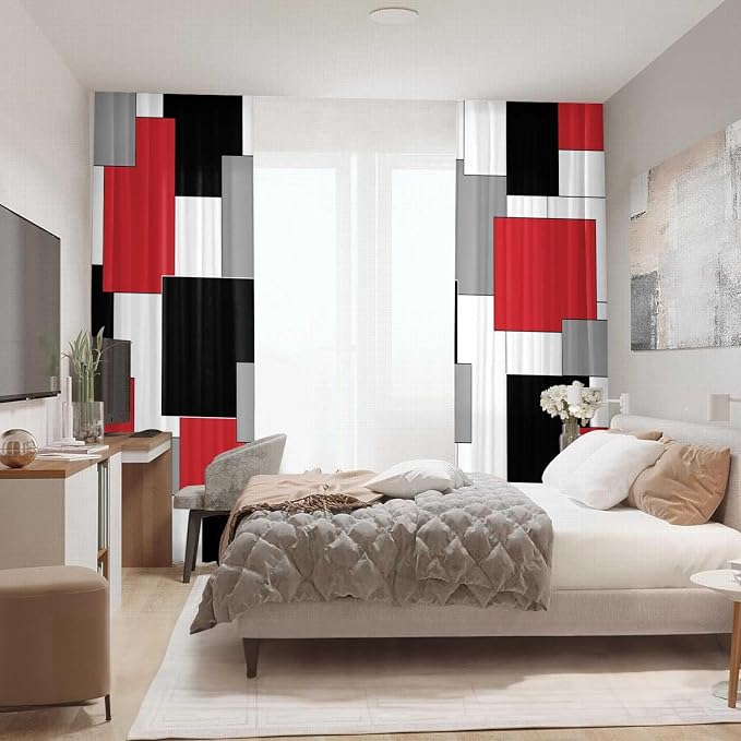 Black and Red Curtains for Living Room 52W x 84L Inch Length Geometry Curtains Modern White Grey Abstract Rod Pocket Curtain for Bedroom Kitchen Room Window Drapes 2 Panels