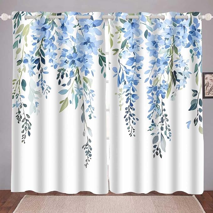 Blue Watercolor Floral Curtains, 52x84 inch, 2 Panels | Botanical Leaves Vine Flowers, Rustic Farmhouse, Blackout Window Treatment, For Bedroom Living Room
