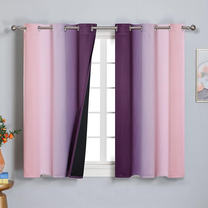 Estelar Textiler Pink and Purple Blackout Curtains 54 Inch Length, Light Blocking Gradient Drapes for Bedroom, Room Darkening Thermal Insulated Grommet Ombre Curtains for Bathroom,42Wx54L,2 Panels