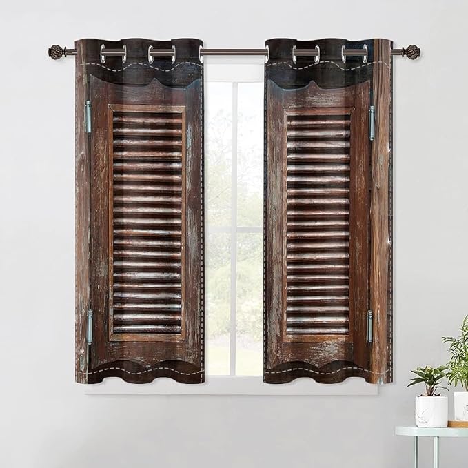 Rustic Wooden Barn Door Blackout Window Curtains Wood Planks Farm Farmhouse Curtains Country Retro Western Vintage Brown Window Treatments Kitchen Bedroom Living Room Decor,26x63 inch,2 Panels