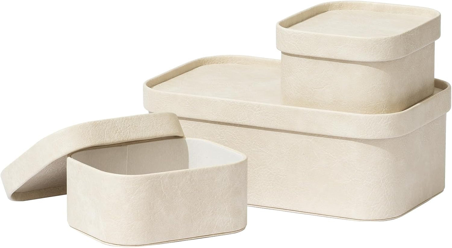 La Jolie Maison Vegan Leather Storage Boxes with Lids, Set of 3 Decorative Storage Containers Organize Stackable Storage Box, Beige