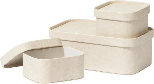 La Jolie Maison Vegan Leather Storage Boxes with Lids, Set of 3 Decorative Storage Containers Organize Stackable Storage Box, Beige