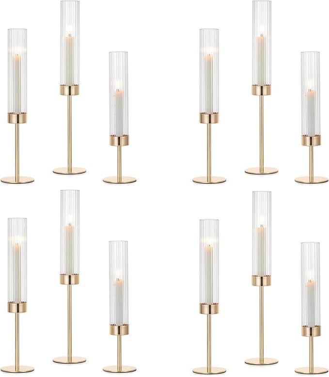 Hewory Gold Hurricane Candle Holders: 12 PCS Tall Taper Candlestick Candle Holders Bulk for Candlesticks Candle Sticks Holder Decor for Table Centerpiece Wedding Party Christmas Decorations