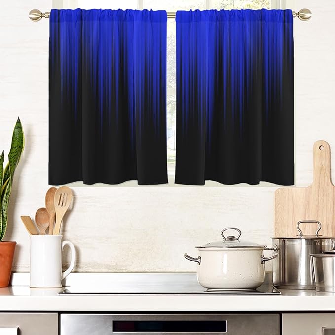 AAtter Royal Blue Black Kitchen Curtains, Ombre 27.5" W x 39" L, 2 Panels | Modern Striped Rod Pocket Drapes, Dark Abstract Style, Cool Anime Masculine Design, Small Short Bathroom Window Tiers