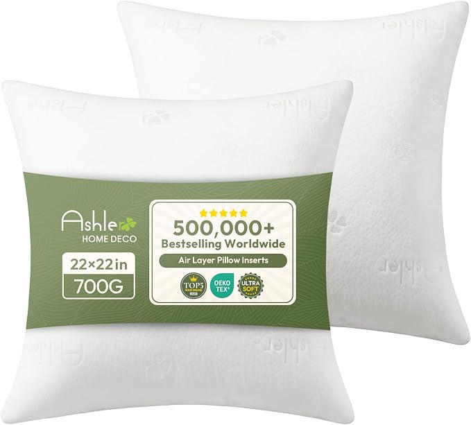 Ashler Throw Pillow Inserts 22 x 22 Inches Set of 2,Firm and Fluffy Decorative Square Pillows with Air Layer, Indoor Square Cushion Stuffer for Couch Bed Sofa and Living Room