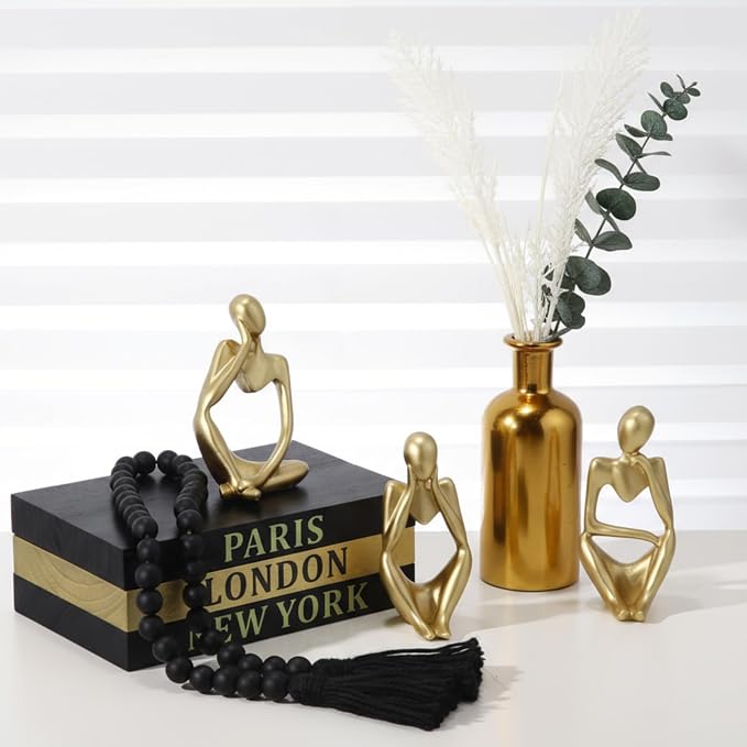 Beeveer 3 Pcs Decorative Books for Home Decor, Faux Books for Decoration, Resin Thinker Statue Abstract Art Sculptures, Rustic Farmhouse Beads Centerpiece for Room Office Shelf Desktop (Black Gold)