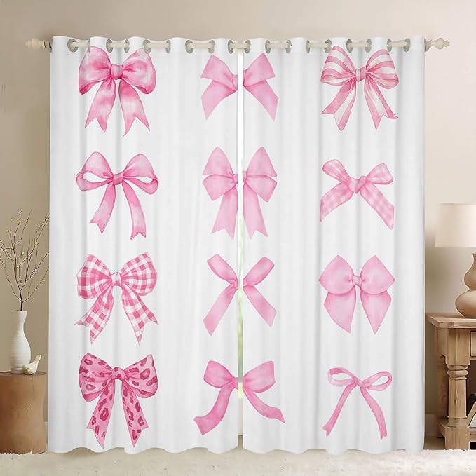 Erosebridal Pink Bows Window Treatments 52" Wx63 L,Kids Girls Kawaii Bow Window Curtain Cute Girly Bowknot Curtain Watercolor Bow 30%-50% Blackout Curtains for Bedroom