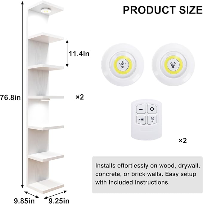 Fixwal 7 Tier Wall Mounted Shelf Set of 2 White Lack Wall Shelf with LED Lights Floating Shelves for Home Decor Organizer Display