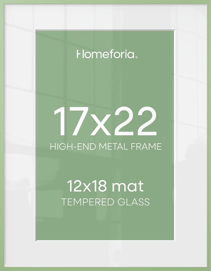 Homeforia 17x22 Picture Frame Sage Green, High End Metal 17x22 Poster Frames with Mat 12x18 Photo, 17 x 22 Sage Green Frame Matted to 12 by 18 Art, 22x17 Thin Frame, Tempered Glass, Wall Kit, Set of 1