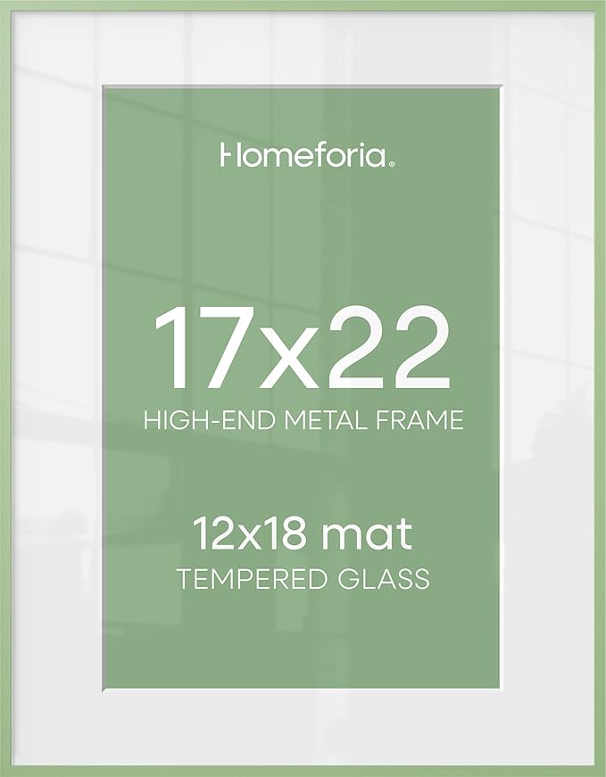 Homeforia 17x22 Picture Frame Sage Green, High End Metal 17x22 Poster Frames with Mat 12x18 Photo, 17 x 22 Sage Green Frame Matted to 12 by 18 Art, 22x17 Thin Frame, Tempered Glass, Wall Kit, Set of 2