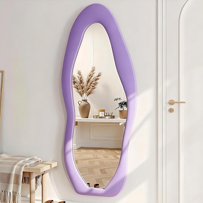 Dewfig Full Length Mirror, 63" x 24"Irregular Mirror, Large Floor Length Mirrors Wall Mounted, Standing Mirrors with Flannel Wrapped Wooden Frame for Bedroom/Living Room, Purple