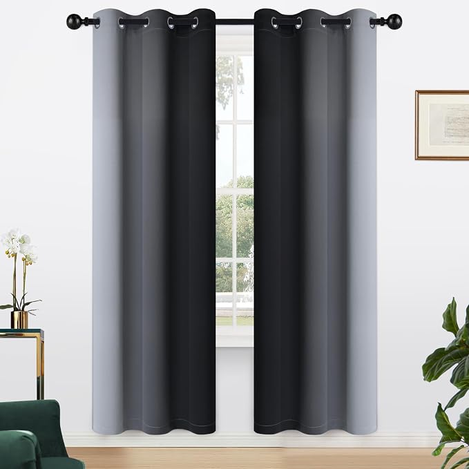 Yakamok Ombre Curtains Black and Greyish White for Living Room,42Wx72L | Room Darkening Curtains 72,Thermal Insulated Gradient Color Drape,Light Blocking Grommet Window Curtains for Bedroom,2 Panels