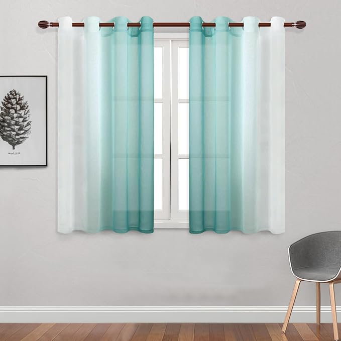 DWCN Ombre Short Sheer Curtains - Faux Linen Semi Voile Gradient Light-Filtering Bedroom and Living Room Curtains, Set of 2 Grommet Top Window Drape Panels, 52 x 45 Inch Length, Teal