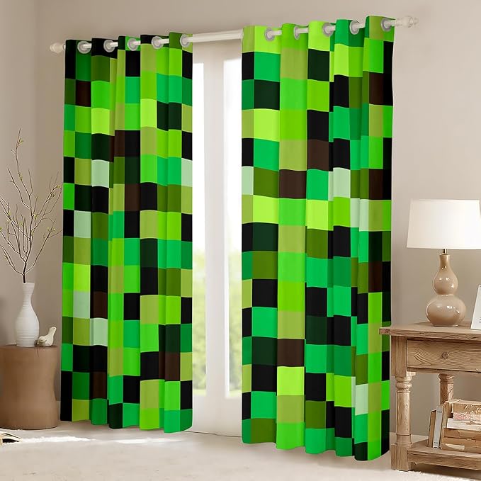 Castle Fairy Green Pixelated Grid Window Curtain,Miners Build Games Blackout Window Treatment,Kids Teens Adult Gradient Square Block Bedroom Curtains Soft Cozy Living Room Decor Top 2 Panels,42Wx90L