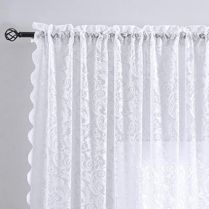 ALIGOGO Lace Curtains 63 Inch Length - Vintage White Sheer Curtains for Bedroom French Country Floral Privacy Scalloped Heavy Short Window Treatment, Rod Pocket Set of 2 52 W x 63 L Inch, White
