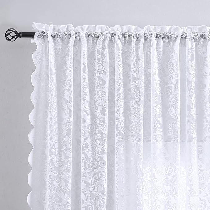 ALIGOGO White Lace Sheer Curtains 108 Inch Long, Vintage Flower Pattern Country Extra Long Curtains for Living Room Rod Pocket 2 Panels 52 W x 108 L Inch, White