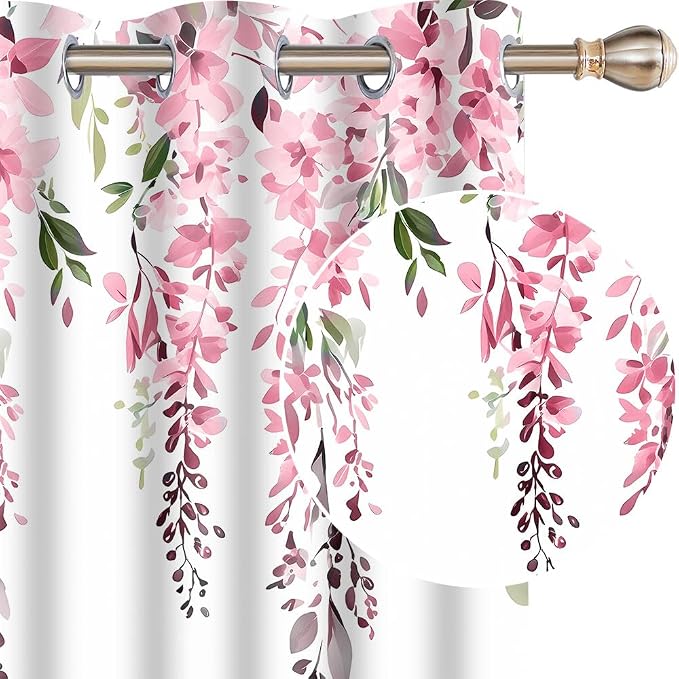 Pink Watercolor Floral Curtains, 52x63 inch, 2 Panels | Botanical Leaves Vine Flowers, Rustic Farmhouse Style, Blackout Window Treatment, For Bedroom Living Room
