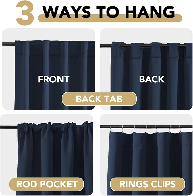 H.VERSAILTEX Blackout Curtains Thermal Insulated Window Treatment Panels Room Darkening Blackout Drapes for Living Room Back Tab/Rod Pocket Bedroom Draperies, 52 x 63 Inch, Navy Blue, 2 Panels