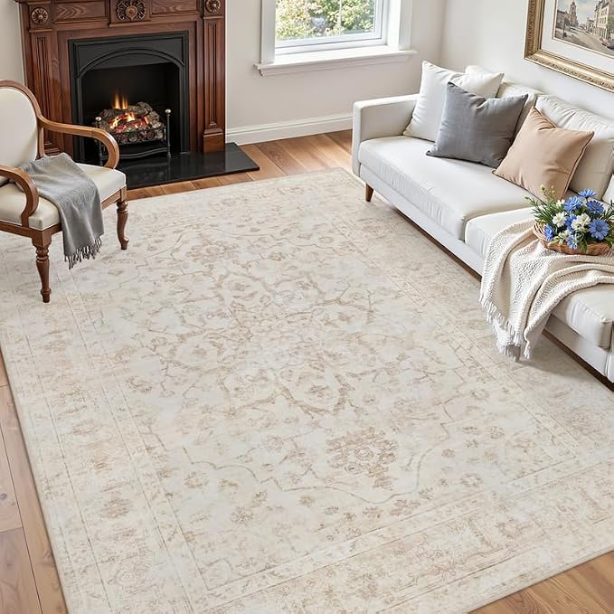 6x9 Area Rugs for Living Room: Vintage Boho Neutral Washable Rug Indoor Soft Large Area Rug Carpet for Bedroom Nursery Farmhouse Dining Room Office Floor Non-Slip Low Pile Under Table Rug Warm Beige