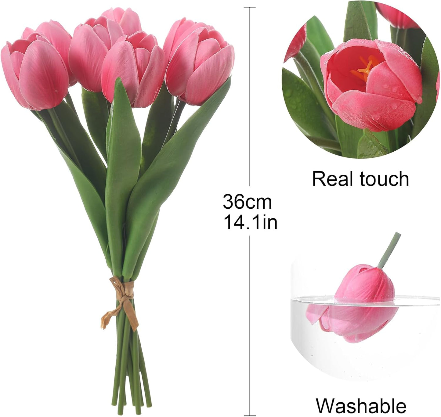 Pink Artificial Tulips, 2 Bundles 14Pcs, Fake Tulips Artificial Flowers, 2 x 2.4 Inch Large Flower Head Big Tulip, Easter Valentine's Day Mother's Day Home Decoration Flowers