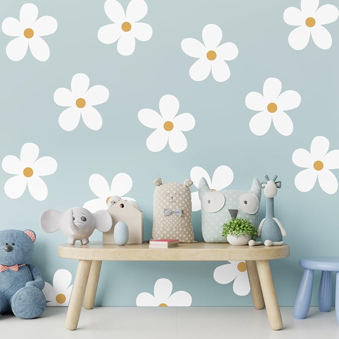 TaoBary 12 Sheet Daisy Wall Sticker Decal Removable Cute Daisy Bedroom Room Decor Flower Wall Sticker Pink White Flower Decal Wallpaper Peel and Stick for Nursery Home(White, Yellow,Charming Style)