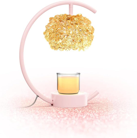 Yeuslor Pink Candle Warmer Lamp for Jar Candles with Adjustable Brightness＆Timer，Handcrafted Crystal＆Wooden Base,Candle Lamp Luxurious Design+2Bulbs,Home Decoration Electric Candle lamp(C-Shaped)