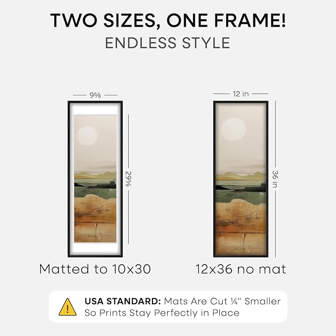 Homeforia 12x36 Black Wood Picture Frame, High End Oak 12x36 Poster Frames with Mat 10x30 Art, 12 x 36 Black Wooden Frames Matted to 10 by 30, 36x12 Panoramic Frame, Tempered Glass, Wall Kit, Set of 2