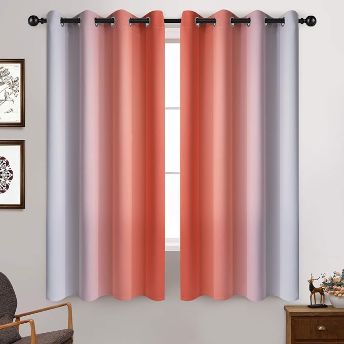 Yakamok Ombre Curtains Coral and Greyish White for Living Room,52Wx63L | Room Darkening Curtains 63,Thermal Insulated Gradient Color Drape,Light Blocking Grommet Window Curtains for Bedroom,2 Panels