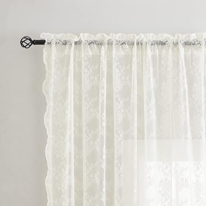 YJ YANJUN Vintage Lace Curtains 72 Inches Long- Antique Flowers Ivory Sheer Curtain Panels for Living Room Bedroom French Door, Light Filtering Drapes, 2 Panels 52W x 72L Cream